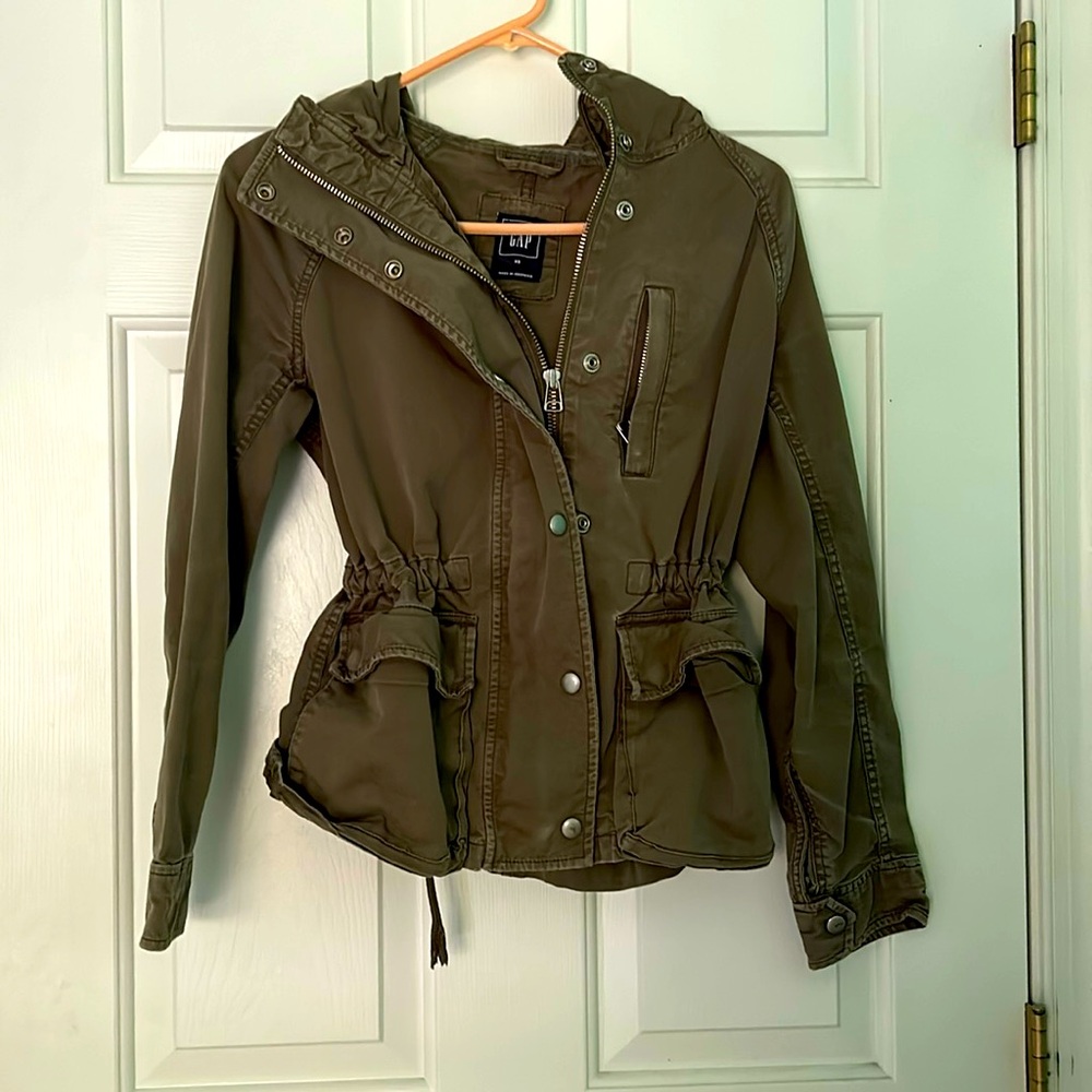 Dark green jacket with adjustable waist size